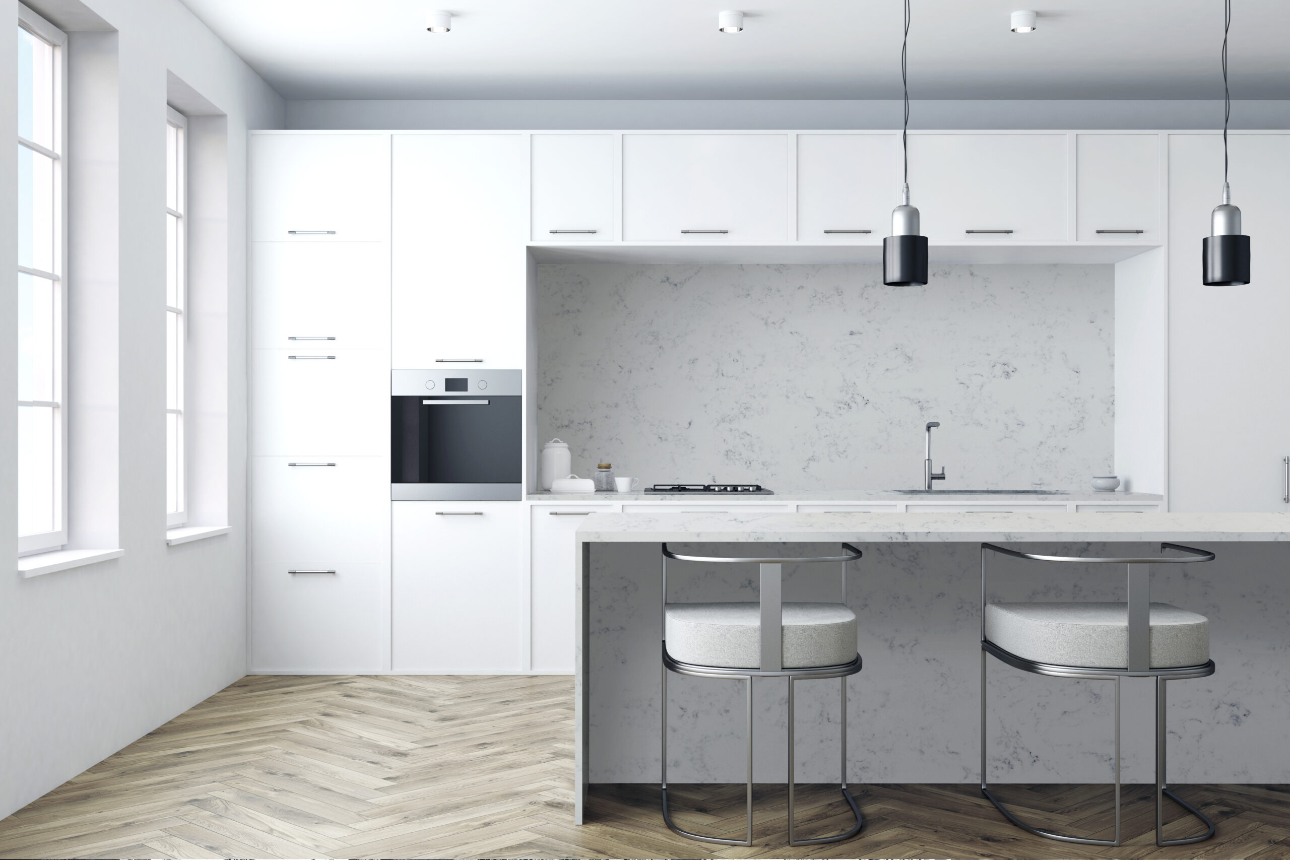 Renovated kitchen with open layout and soft lighting
