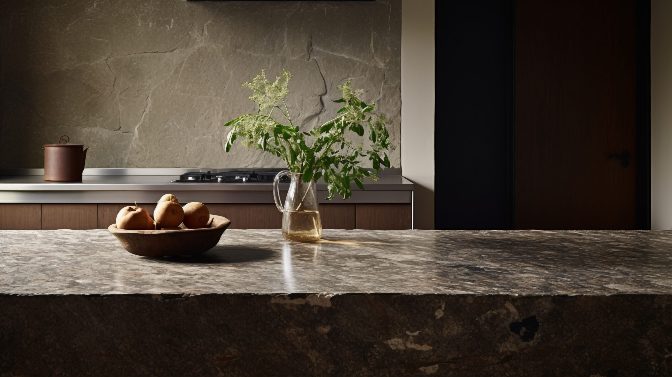 Renovated kitchen with open layout and soft lighting